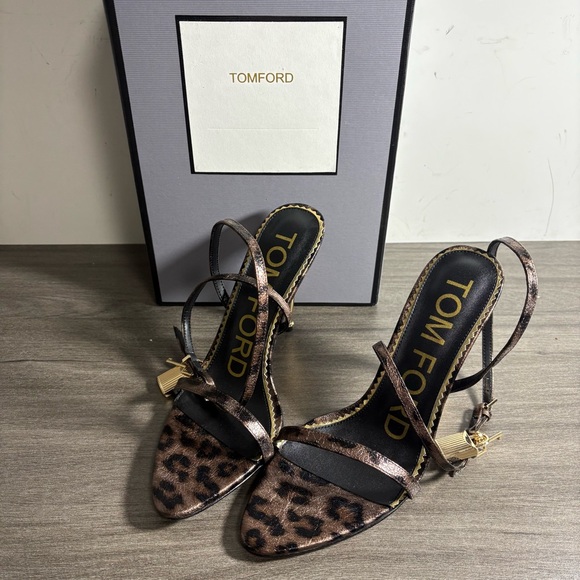 Tom Ford Leopard Print Satin Strappy Heels with Gold Stiletto - Picture 2 of 5